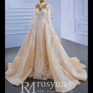 Mermaid Lace O-Neck Long Sleeve Wedding Dress With Detachable Train