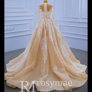 Mermaid Lace O-Neck Long Sleeve Wedding Dress With Detachable Train