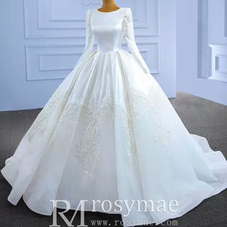 Modest Scoop Neck Satin Wedding Dress with Long Sleeve