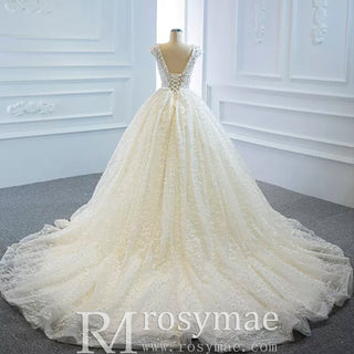 Capped Sleeve Puffy Ball Gown Wedding Dress with Low Back