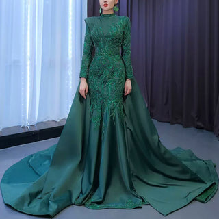 Mermaid Satin Long Sleeve Arab Prom Dress Detachable Train