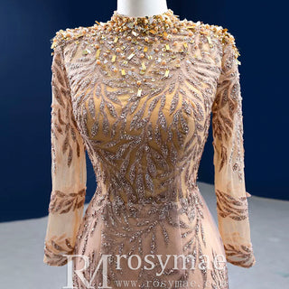 High Neck Three Quarter Sleeve Champagne Gold Prom Dress Evening Gown
