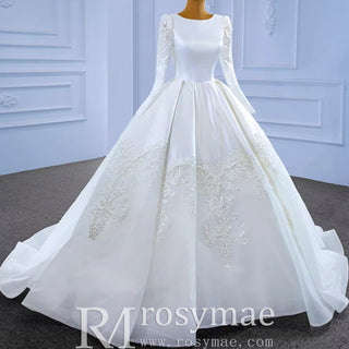 Modest Scoop Neck Satin Wedding Dress with Long Sleeve