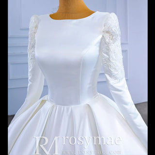 Modest Scoop Neck Satin Wedding Dress with Long Sleeve