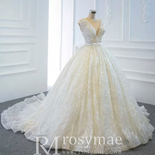 Capped Sleeve Puffy Ball Gown Wedding Dress with Low Back