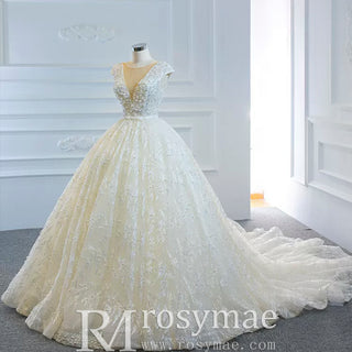 Capped Sleeve Puffy Ball Gown Wedding Dress with Low Back