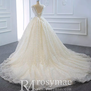 Capped Sleeve Puffy Ball Gown Wedding Dress with Low Back