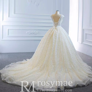 Capped Sleeve Puffy Ball Gown Wedding Dress with Low Back