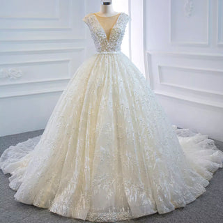 Capped Sleeve Puffy Ball Gown Wedding Dress with Low Back