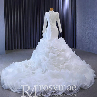 Elegant White Mermaid Ruffle Wedding Dress with Long Sleeves