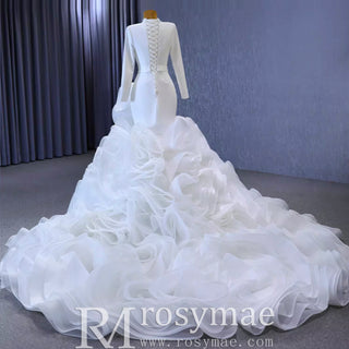 Elegant White Mermaid Ruffle Wedding Dress with Long Sleeves