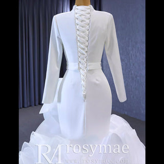 Elegant White Mermaid Ruffle Wedding Dress with Long Sleeves