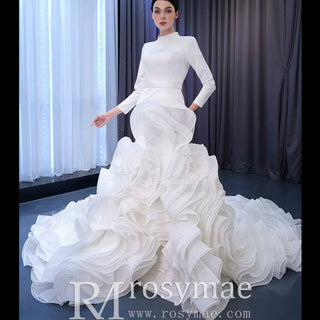 Elegant White Mermaid Ruffle Wedding Dress with Long Sleeves