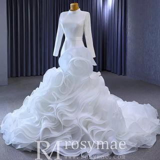 Elegant White Mermaid Ruffle Wedding Dress with Long Sleeves