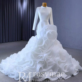 Elegant White Mermaid Ruffle Wedding Dress with Long Sleeves