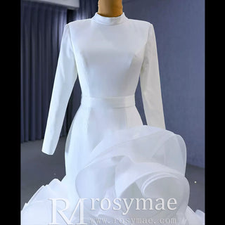 Elegant White Mermaid Ruffle Wedding Dress with Long Sleeves