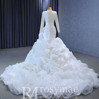 Elegant White Mermaid Ruffle Wedding Dress with Long Sleeves