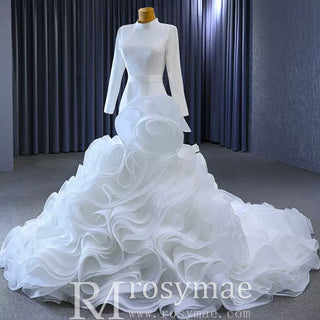 Elegant White Mermaid Ruffle Wedding Dress with Long Sleeves