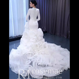 Elegant White Mermaid Ruffle Wedding Dress with Long Sleeves