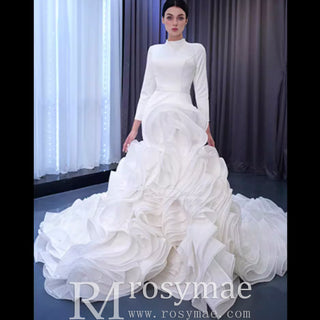 Elegant White Mermaid Ruffle Wedding Dress with Long Sleeves