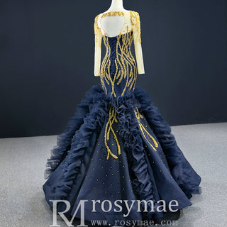 Scoop Neck Pageant Gown Navy Blue Mermaid Prom Dress with Long Sleeves