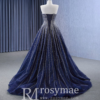 Beaded Navy Blue Wedding Dress Strapless Formal Prom Ball Gowns