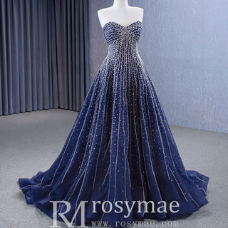 Beaded Navy Blue Wedding Dress Strapless Formal Prom Ball Gowns