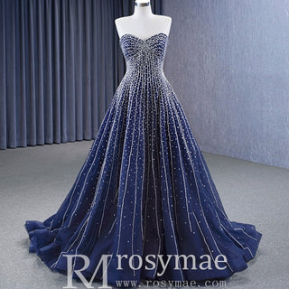 Beaded Navy Blue Wedding Dress Strapless Formal Prom Ball Gowns