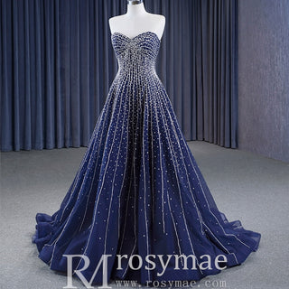 Beaded Navy Blue Wedding Dress Strapless Formal Prom Ball Gowns