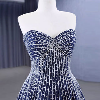 Beaded Navy Blue Wedding Dress Strapless Formal Prom Ball Gowns