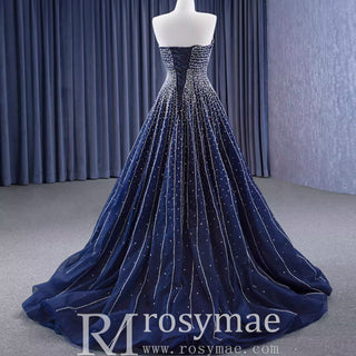 Beaded Navy Blue Wedding Dress Strapless Formal Prom Ball Gowns