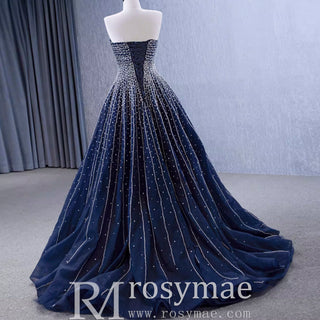 Beaded Navy Blue Wedding Dress Strapless Formal Prom Ball Gowns