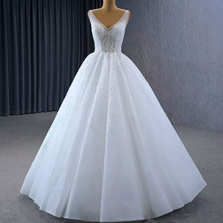 Sparkly Ball Gown Floor Length Wedding Dress with Vneck