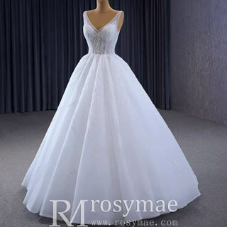 Sparkly Ball Gown Floor Length Wedding Dress with Vneck