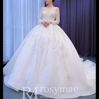 Luxury Wedding Dress Off the Shoulder Long Sleeve Wedding Gown