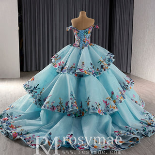 Colored Multi Layer Puffy Skirt Quinceanera Dress with Off the Shoulder