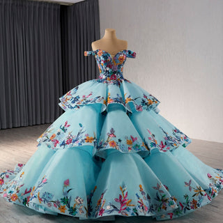 Colored Multi Layer Puffy Skirt Quinceanera Dress with Off the Shoulder