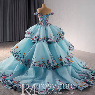 Colored Multi Layer Puffy Skirt Quinceanera Dress with Off the Shoulder