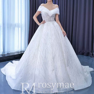 Luxury Tulle Sequins Beading Wedding Dress with Off the Shoulder