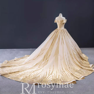 Gorgeous Puffy Skirt Gold Wedding Dress with Off The Shoulder