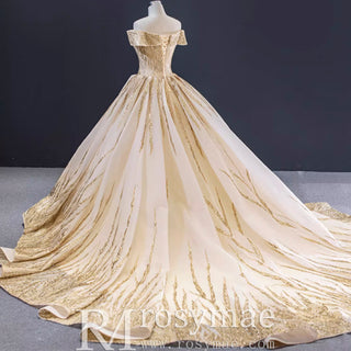Gorgeous Puffy Skirt Gold Wedding Dress with Off The Shoulder