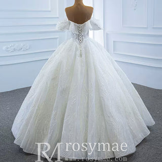 Sparkly Off the Shoulder Ball Gown Puffy Wedding Dress with Sheer Bodice