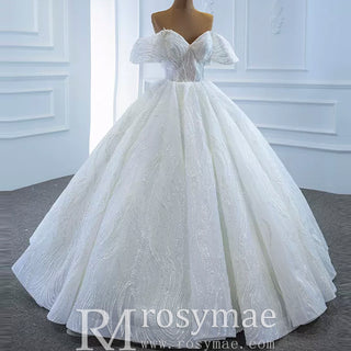 Sparkly Off the Shoulder Ball Gown Puffy Wedding Dress with Sheer Bodice