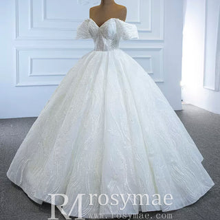 Sparkly Off the Shoulder Ball Gown Puffy Wedding Dress with Sheer Bodice