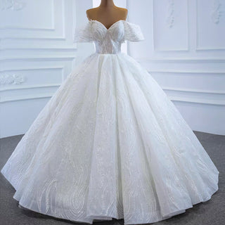 Sparkly Off the Shoulder Ball Gown Puffy Wedding Dress with Sheer Bodice