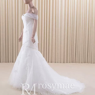 Off the Shoulder Ruched Tulle Lace Trumpet Wedding Dress