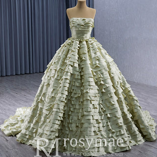 Pleated Olive Wedding Dress Detachable Long Sleeve Formal Gown