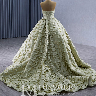 Pleated Olive Wedding Dress Detachable Long Sleeve Formal Gown