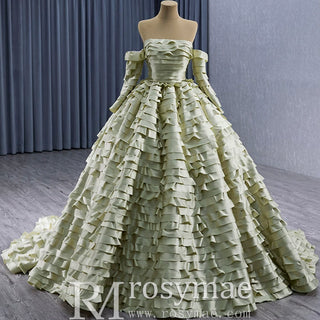 Pleated Olive Wedding Dress Detachable Long Sleeve Formal Gown