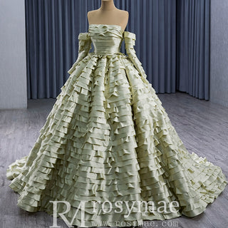 Pleated Olive Wedding Dress Detachable Long Sleeve Formal Gown